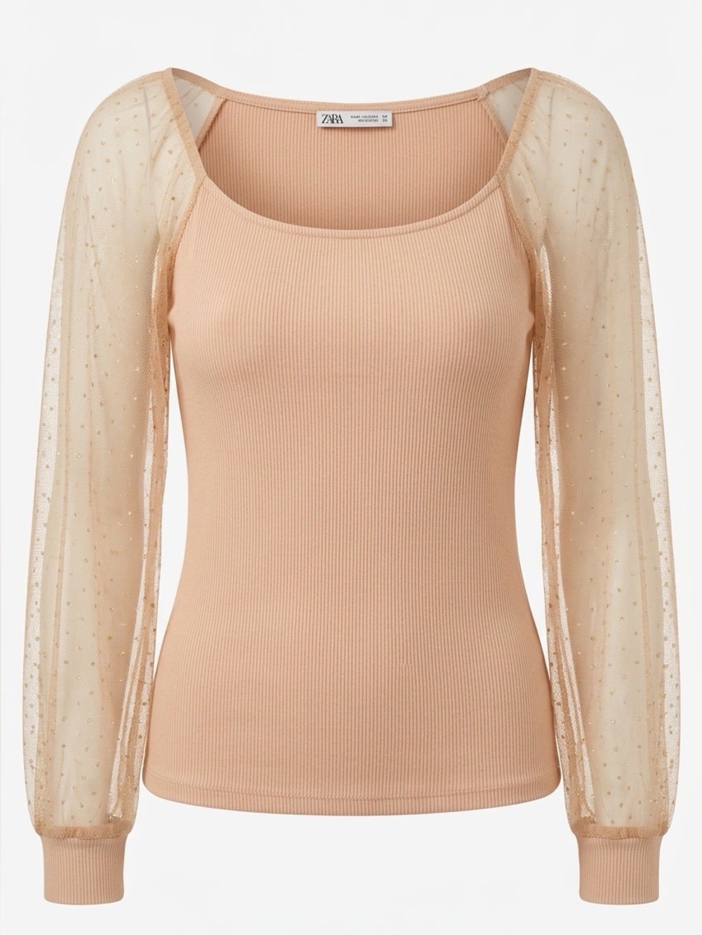 Dorose Women's Beige Ribbed Top with Sheer Puff Sleeves